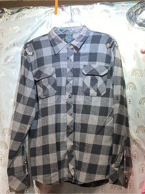 Christian Audigier Black and Gray Plaid Button-Down Shirt